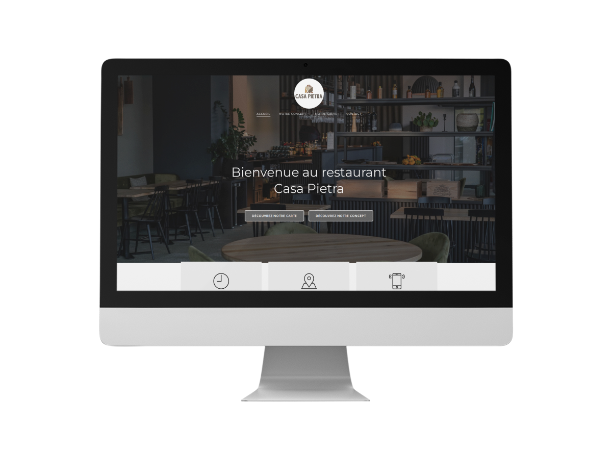 Écran d'ordinateur avec un site web remarquable. Personnalisez cette élégante mise en page pour qu'elle s'harmonise parfaitement avec l'image de votre restaurant et attire davantage de clients en ligne.