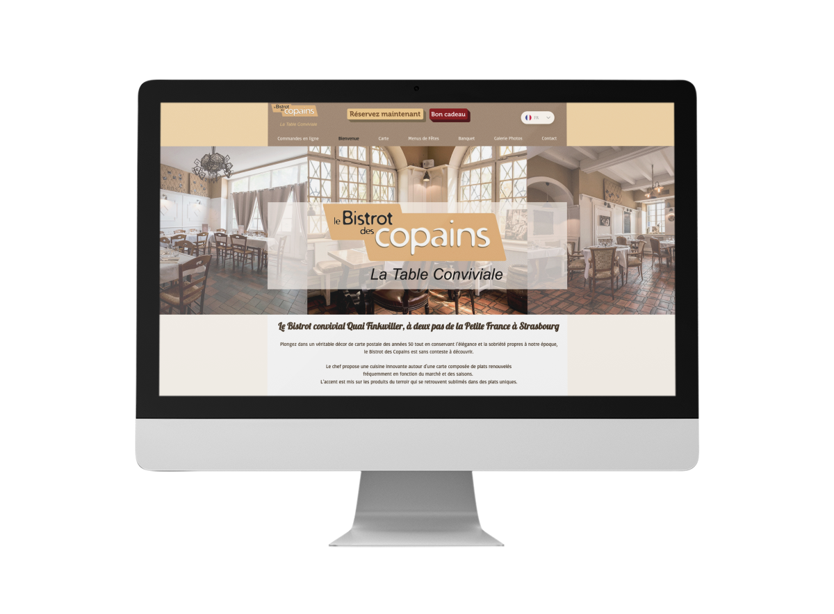 Écran d'ordinateur présentant un site web exceptionnel. Explorez la flexibilité de cette conception, parfaitement adaptable à votre site de restaurant pour une expérience en ligne unique.